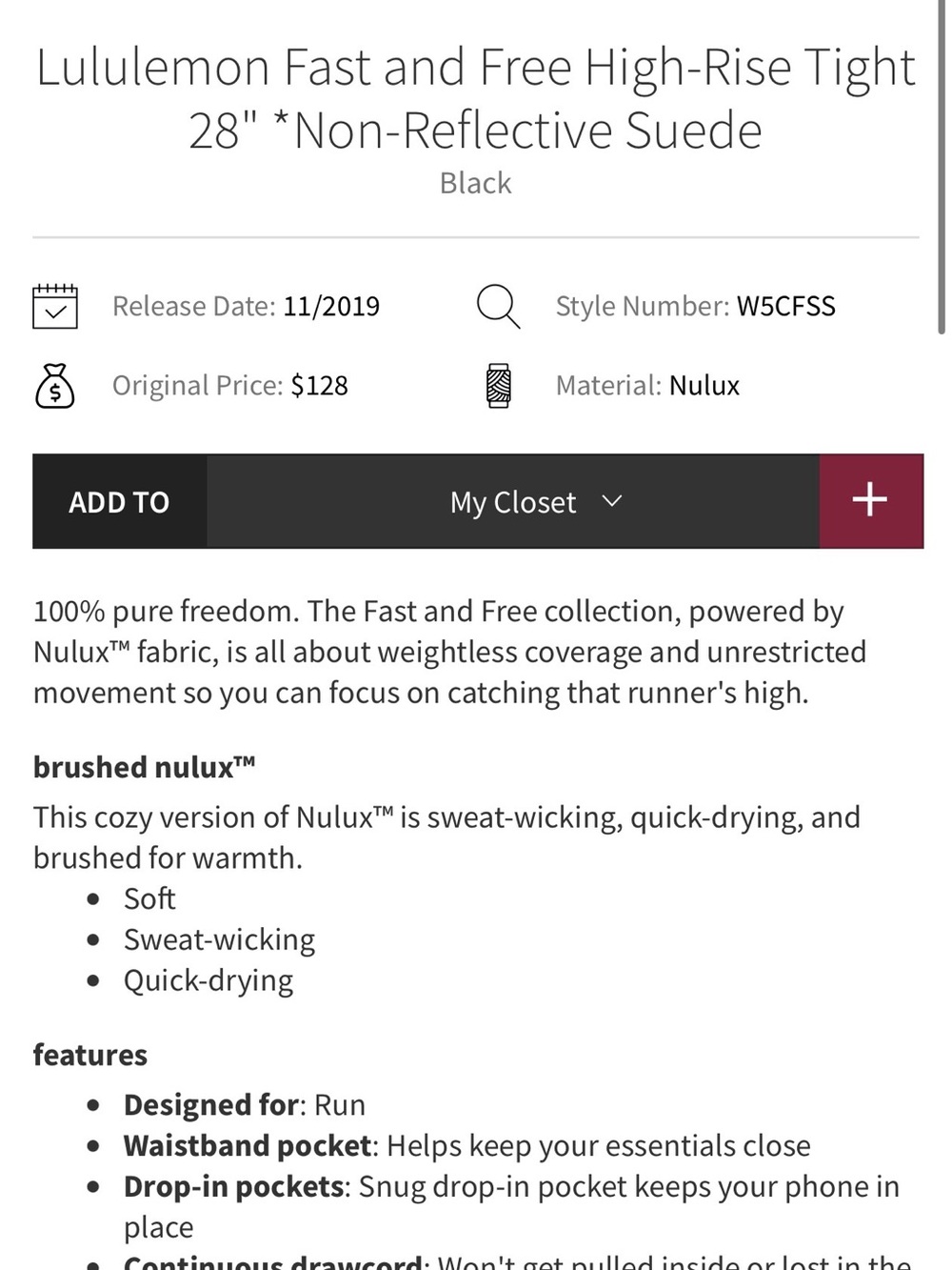 lululemon athletica Fast and Free High-Rise Tight 28" - Black sz 6 - Picture 2 of 5